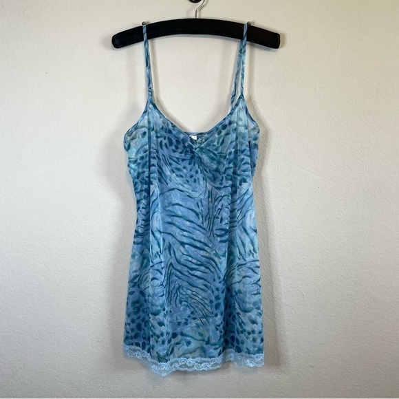 Victoria's Secret Other - Victoria’s Secret Blue Slip Dress Nightie Y2K Animal Print Sheer Mini Size Large